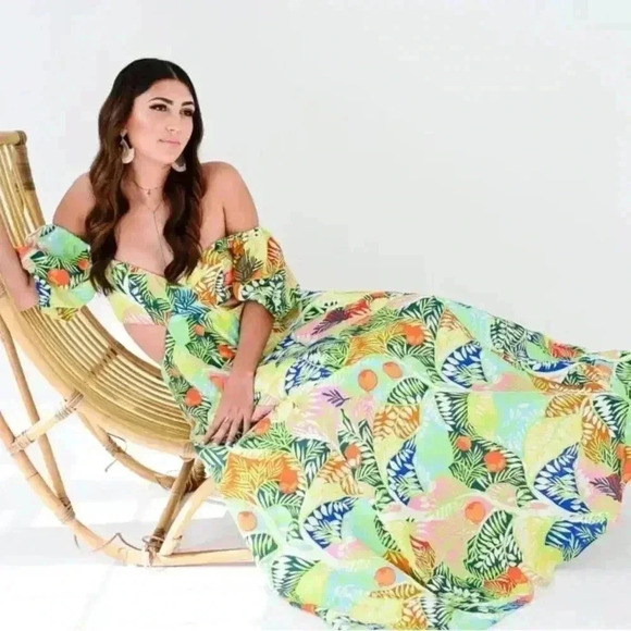 STAUD Coliseum Off-The-Shoulder Linen Tropical Print Dress Size 8 - Picture 1 of 16